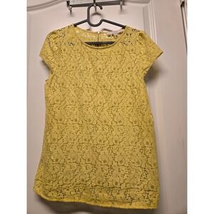 Ann Taylor Loft Yellow Floral Lace Short Sleeve Zip Back Blouse Top MP Petites